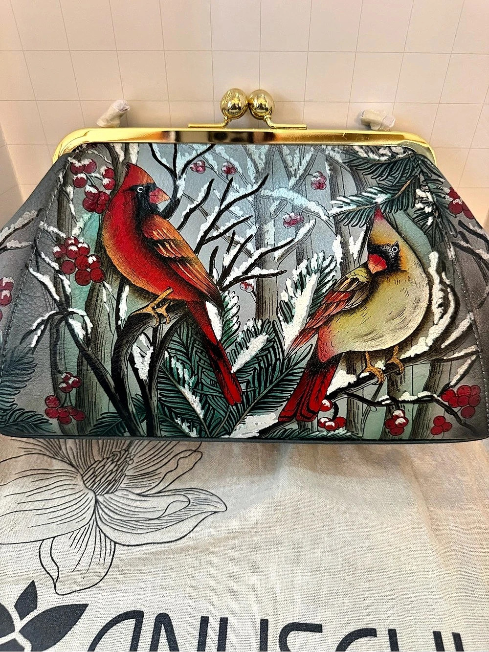 Anuschka Hand Painted Leather Frame Crossbody Clutch Bag Snowy Cardinal Art